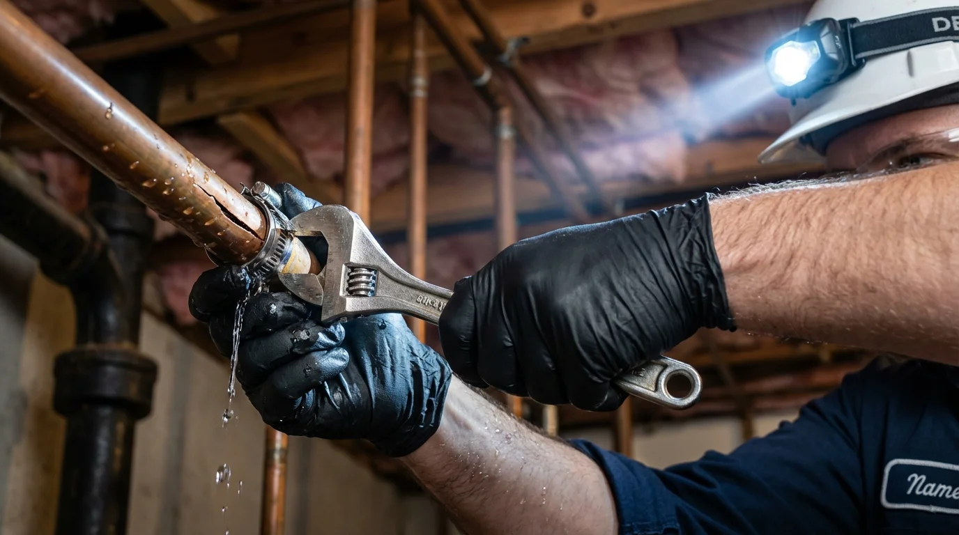 Emergency pipe clamp repair being performed by a Johns Plumbing LLC plumber in Town Creek