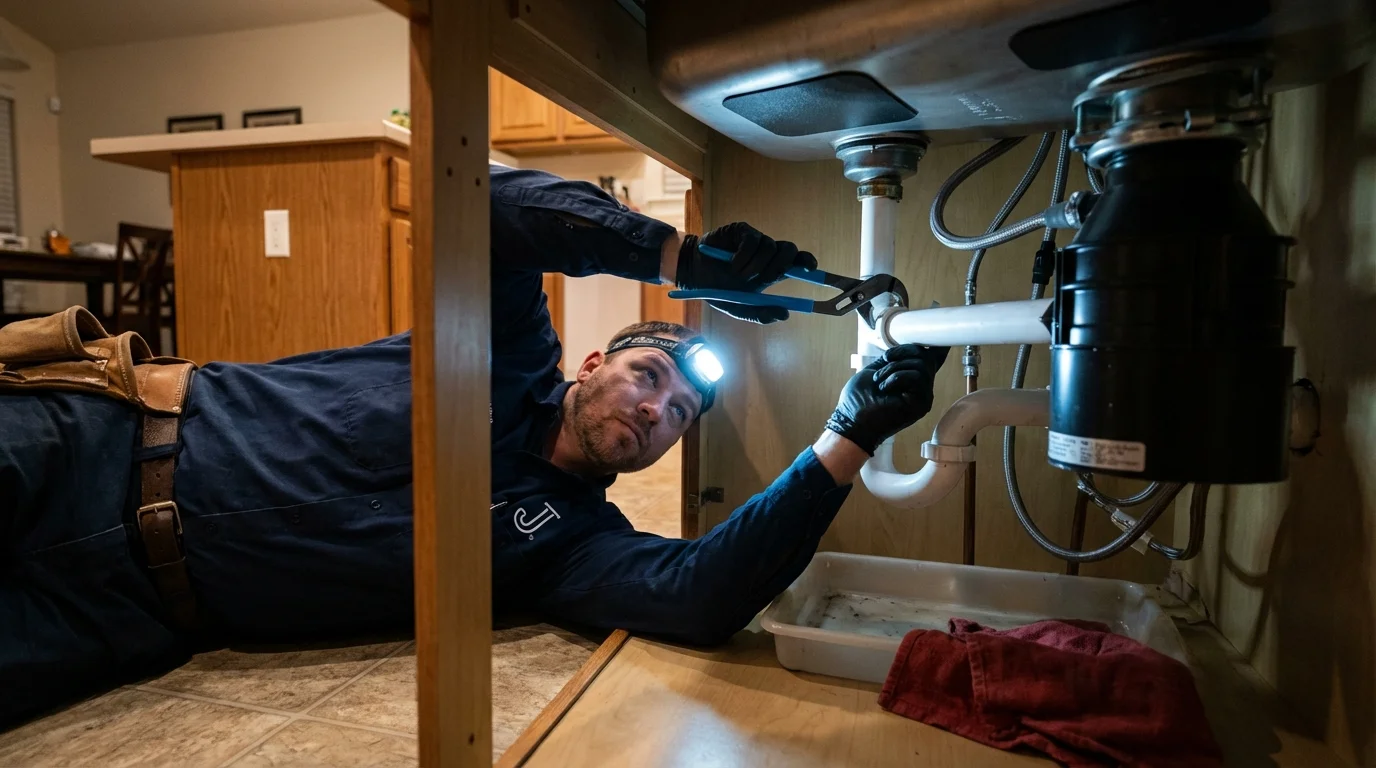 P-trap and supply line connections under a kitchen sink showing a common leak point in Town Creek, AL